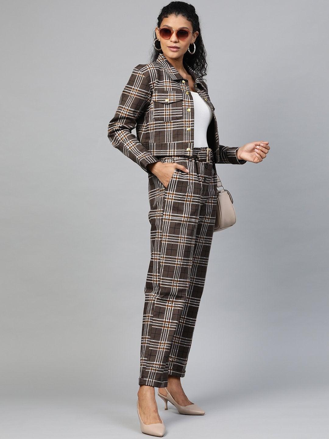 Women's Brown Check Crop Twill Jacket - SASSAFRAS - Indiakreations