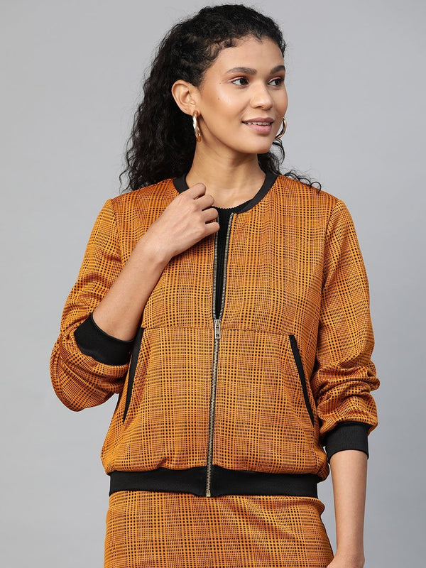 Women's Mustard Jacquard Check Bomber Jacket - SASSAFRAS