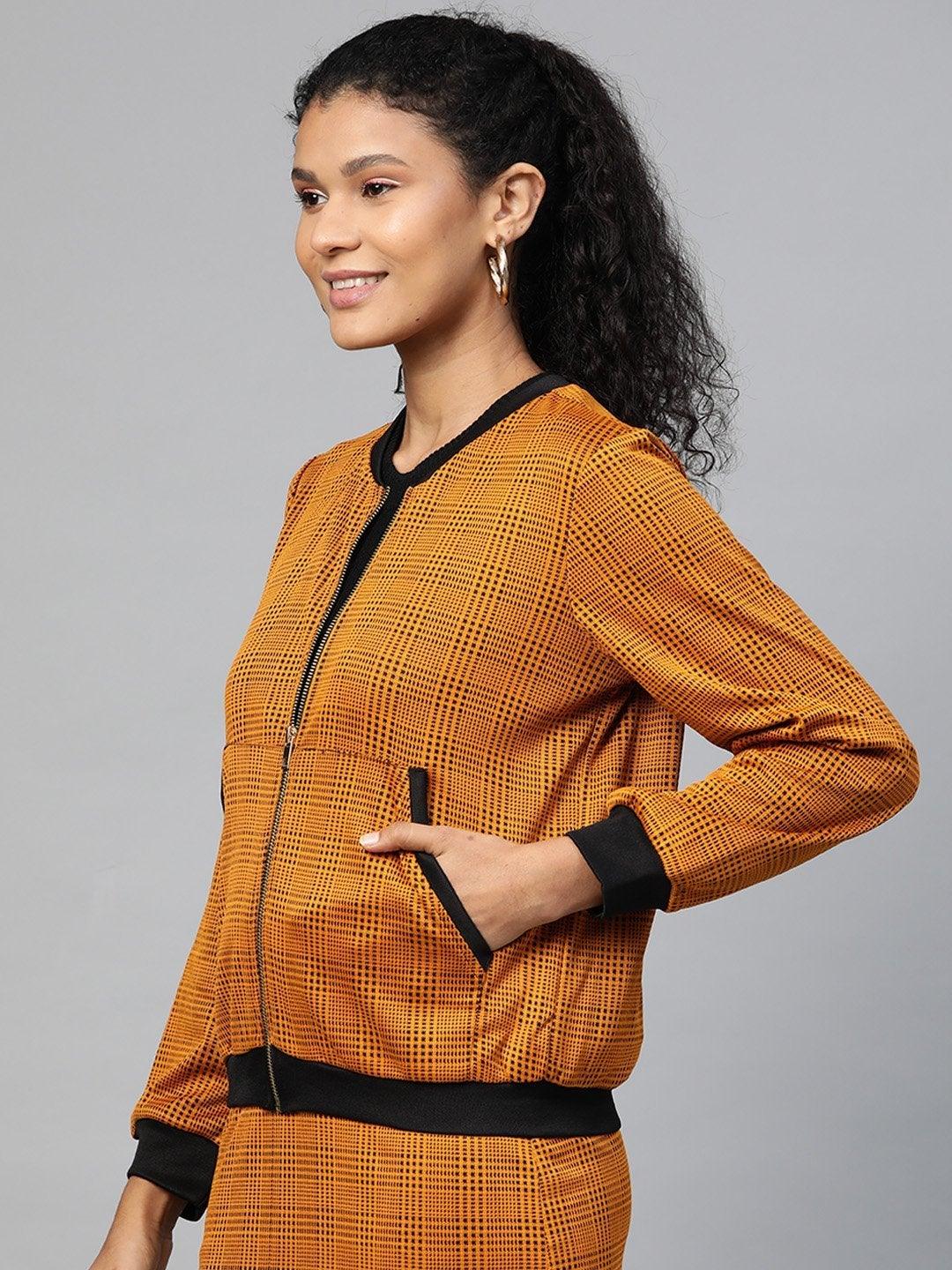 Women's Mustard Jacquard Check Bomber Jacket - SASSAFRAS - Indiakreations