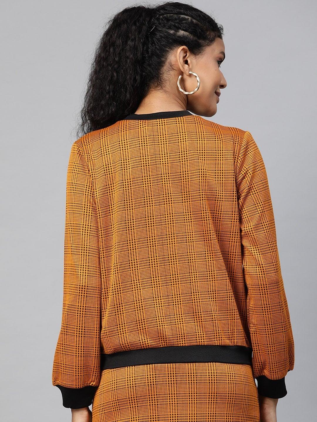 Women's Mustard Jacquard Check Bomber Jacket - SASSAFRAS - Indiakreations