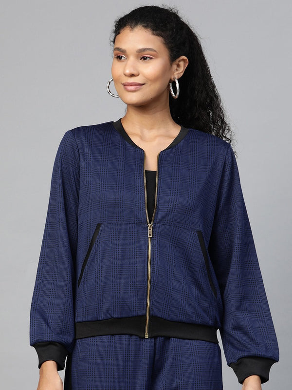 Women's Navy Jacquard Check Bomber Jacket - SASSAFRAS