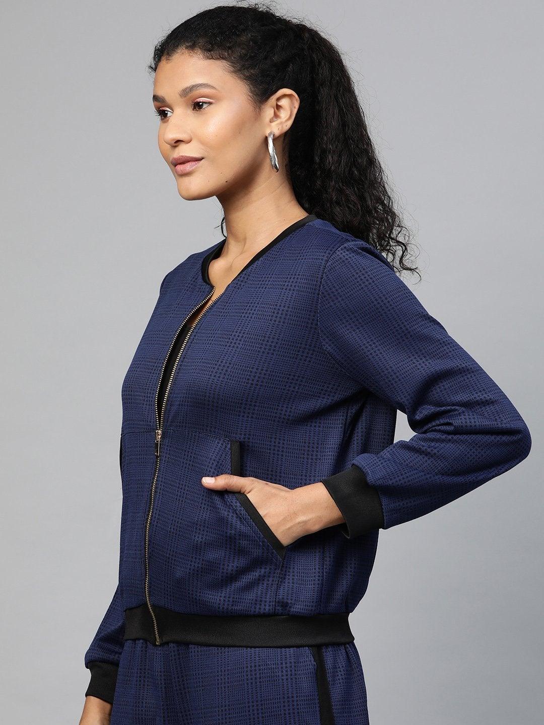 Women's Navy Jacquard Check Bomber Jacket - SASSAFRAS - Indiakreations