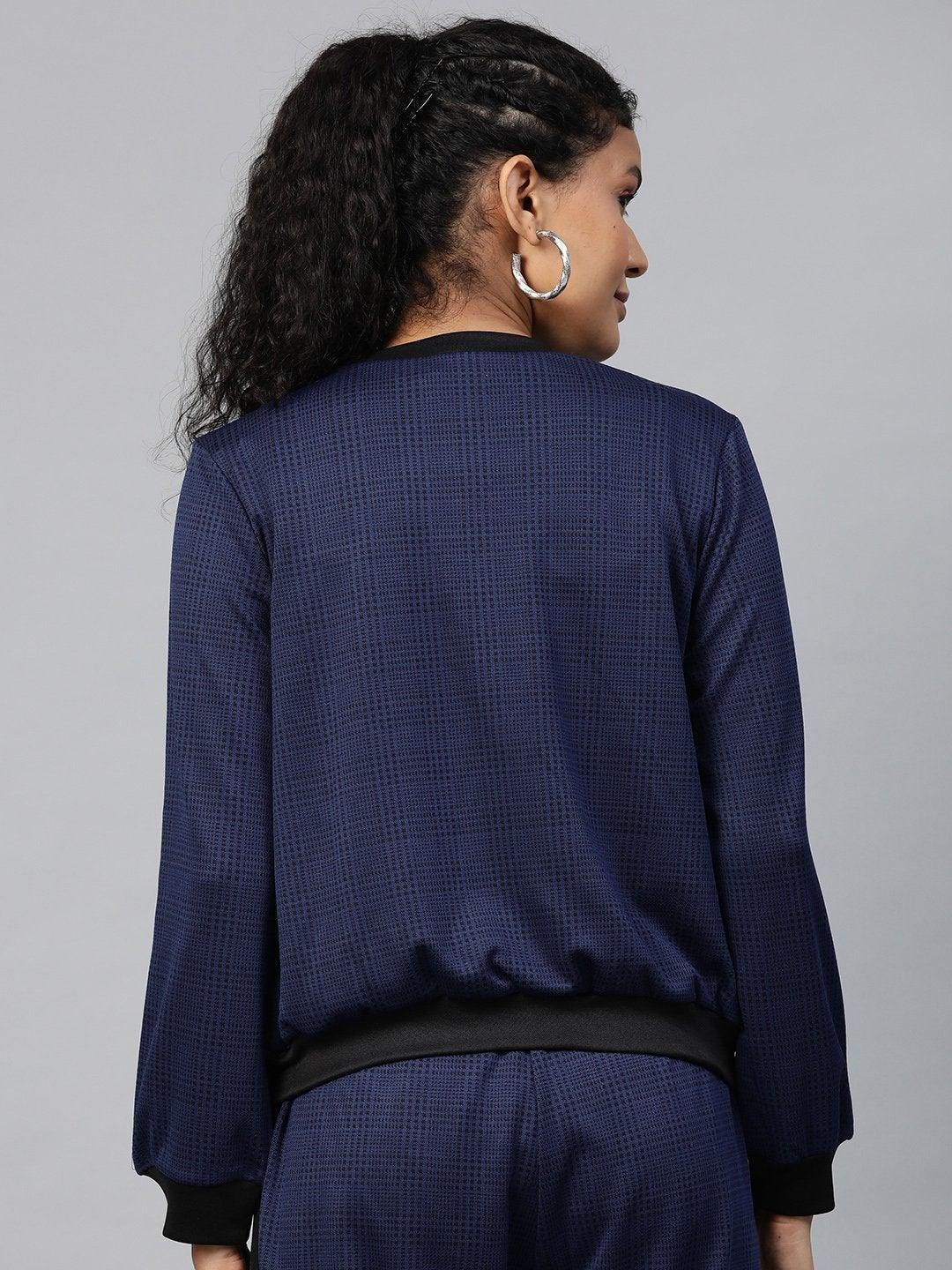 Women's Navy Jacquard Check Bomber Jacket - SASSAFRAS - Indiakreations