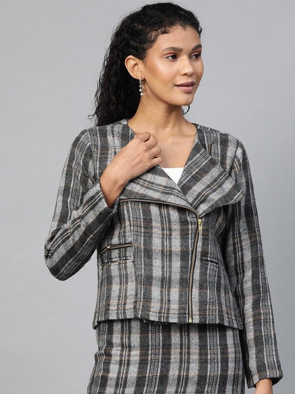 Women's Grey Check Biker Jacket - SASSAFRAS - Indiakreations