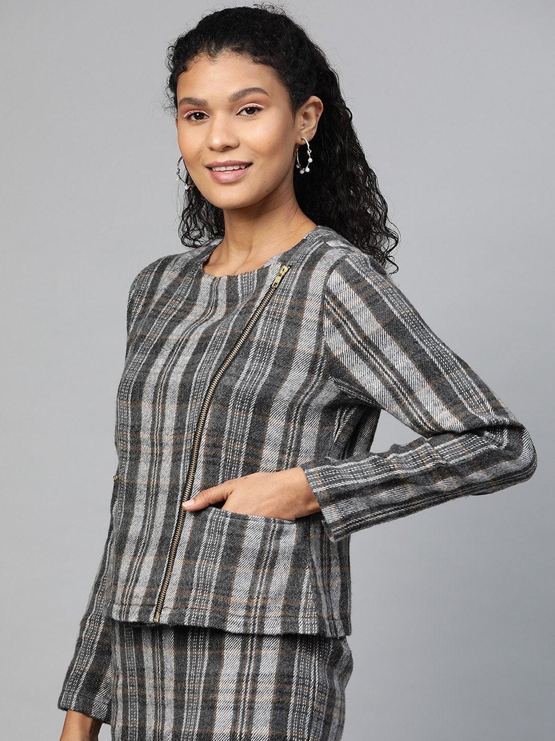 Women's Grey Check Biker Jacket - SASSAFRAS - Indiakreations