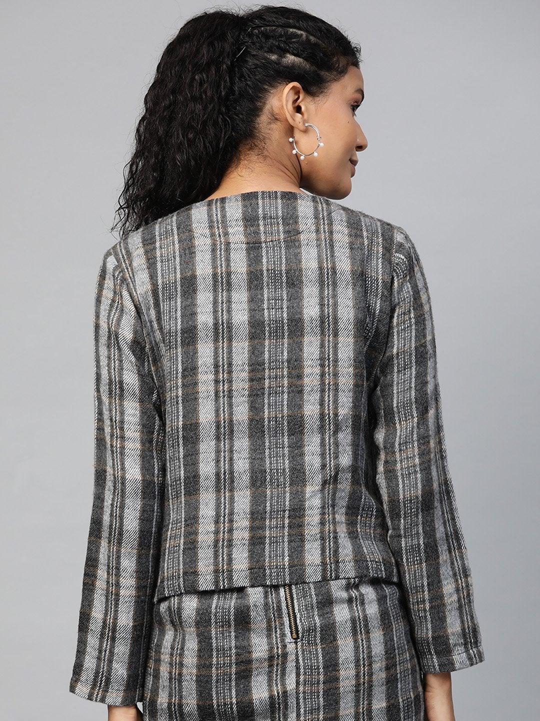 Women's Grey Check Biker Jacket - SASSAFRAS - Indiakreations