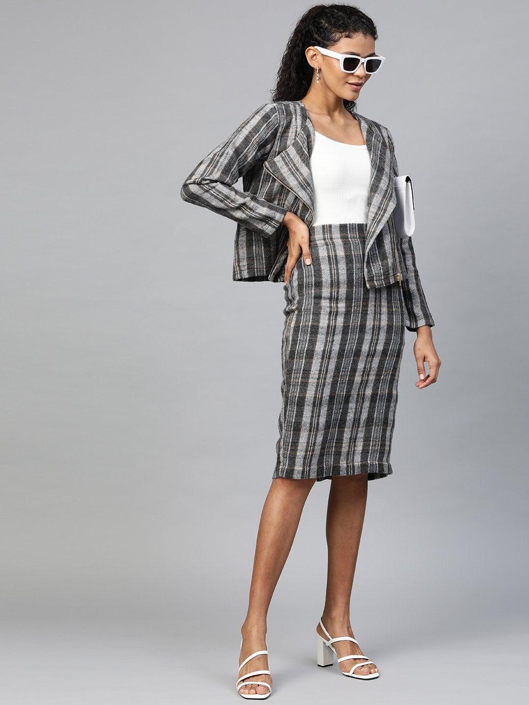 Women's Grey Check Biker Jacket - SASSAFRAS - Indiakreations