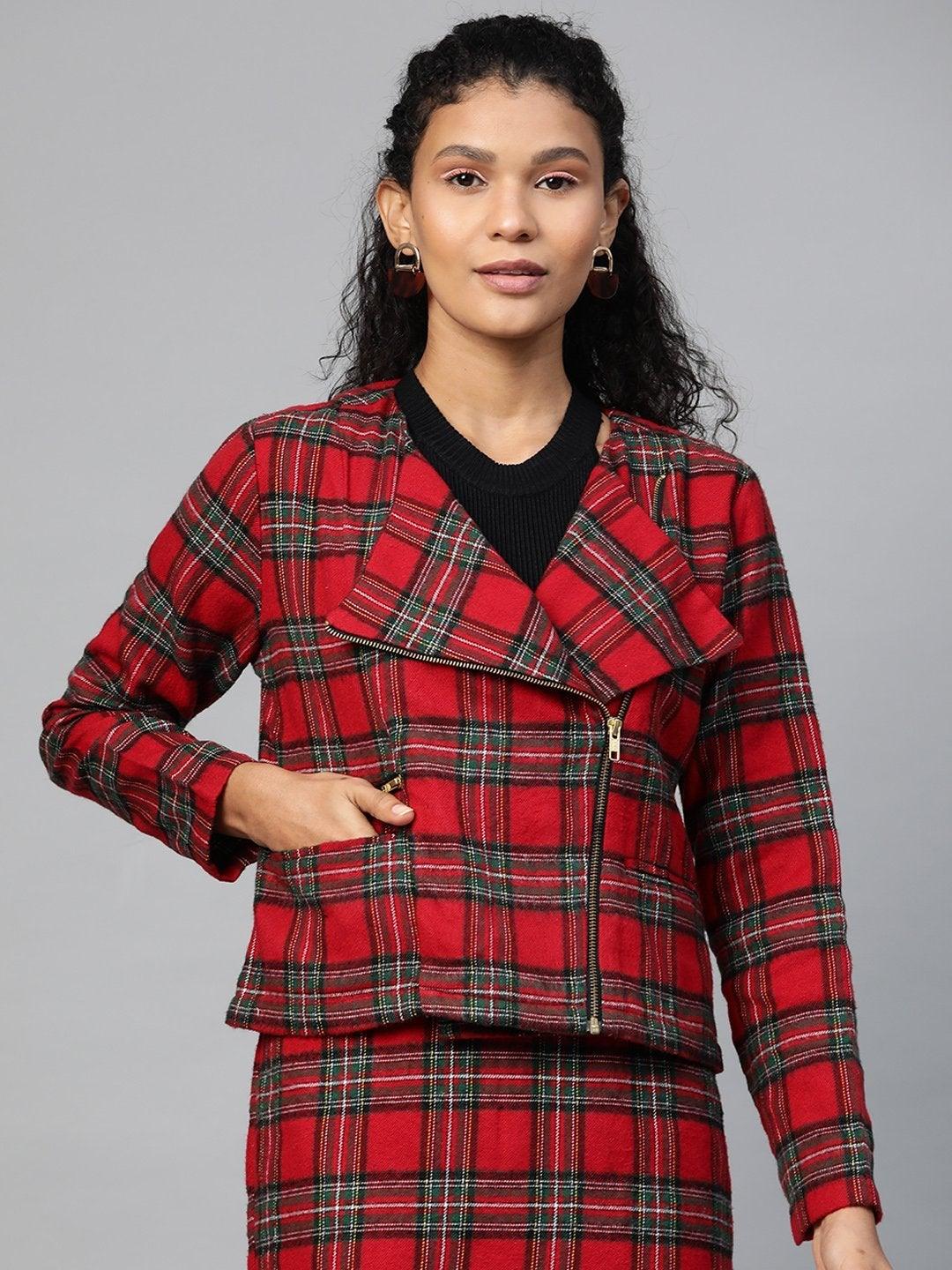 Women's Red Check Biker Jacket - SASSAFRAS - Indiakreations