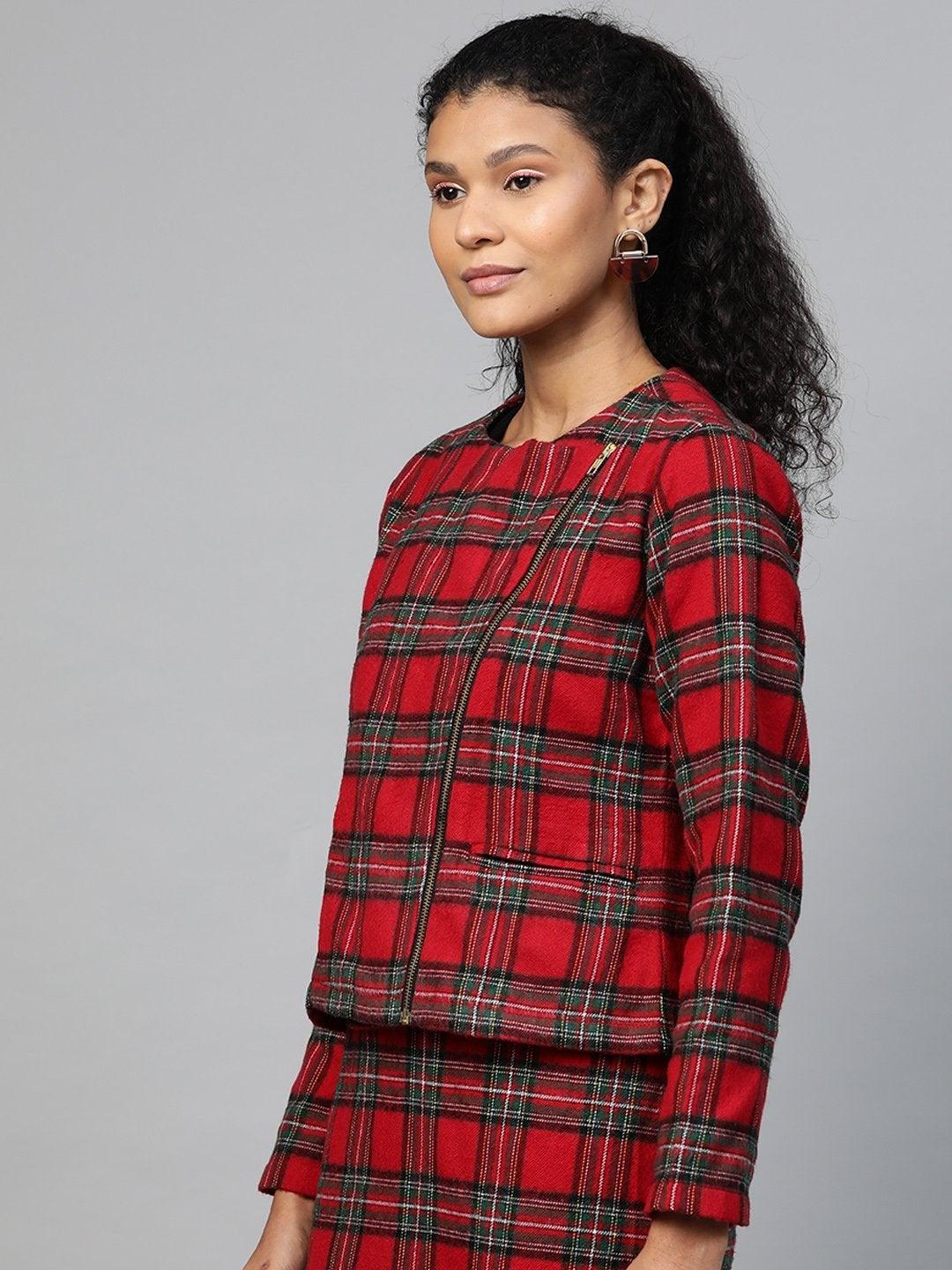 Women's Red Check Biker Jacket - SASSAFRAS - Indiakreations