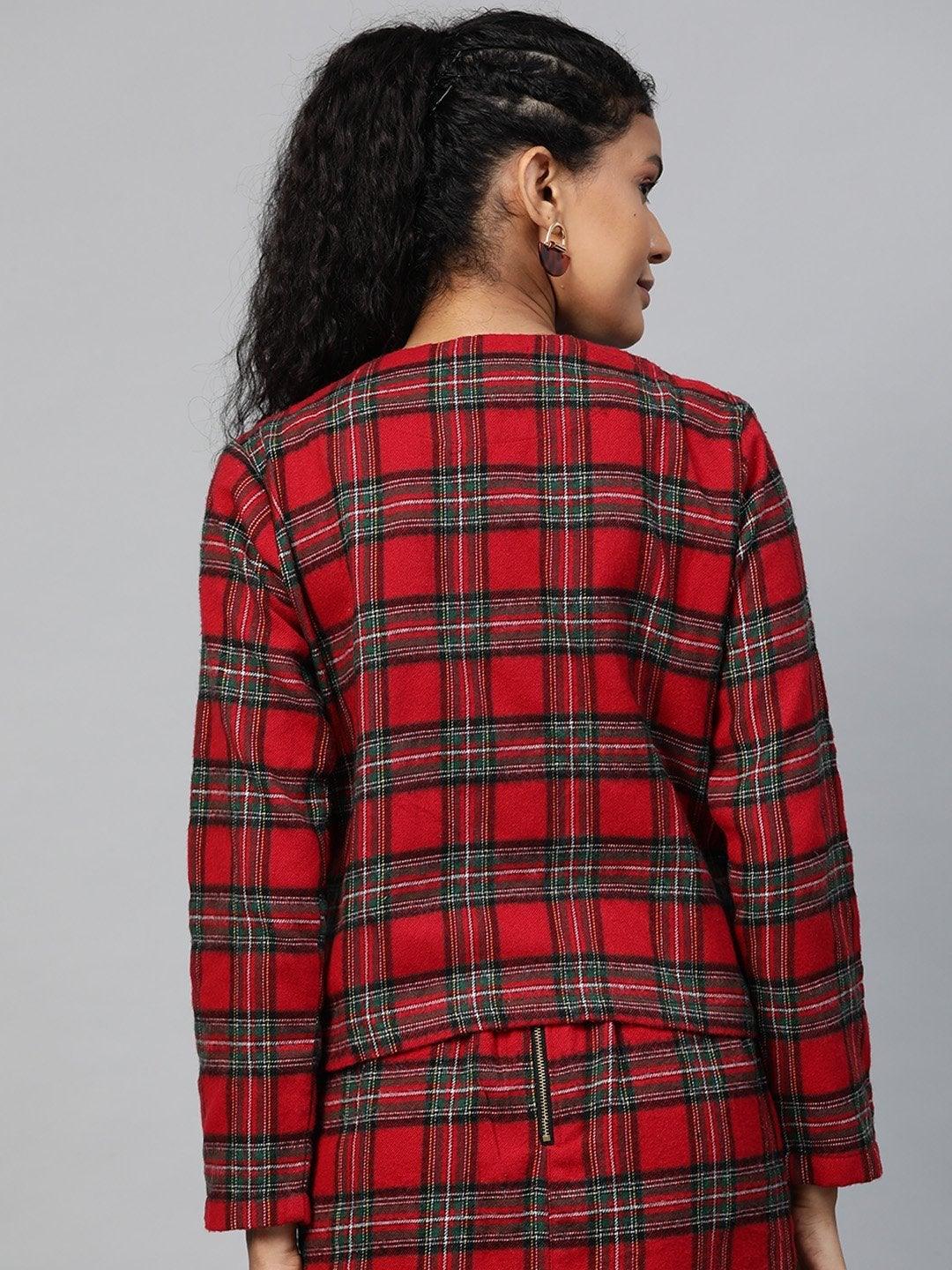 Women's Red Check Biker Jacket - SASSAFRAS - Indiakreations