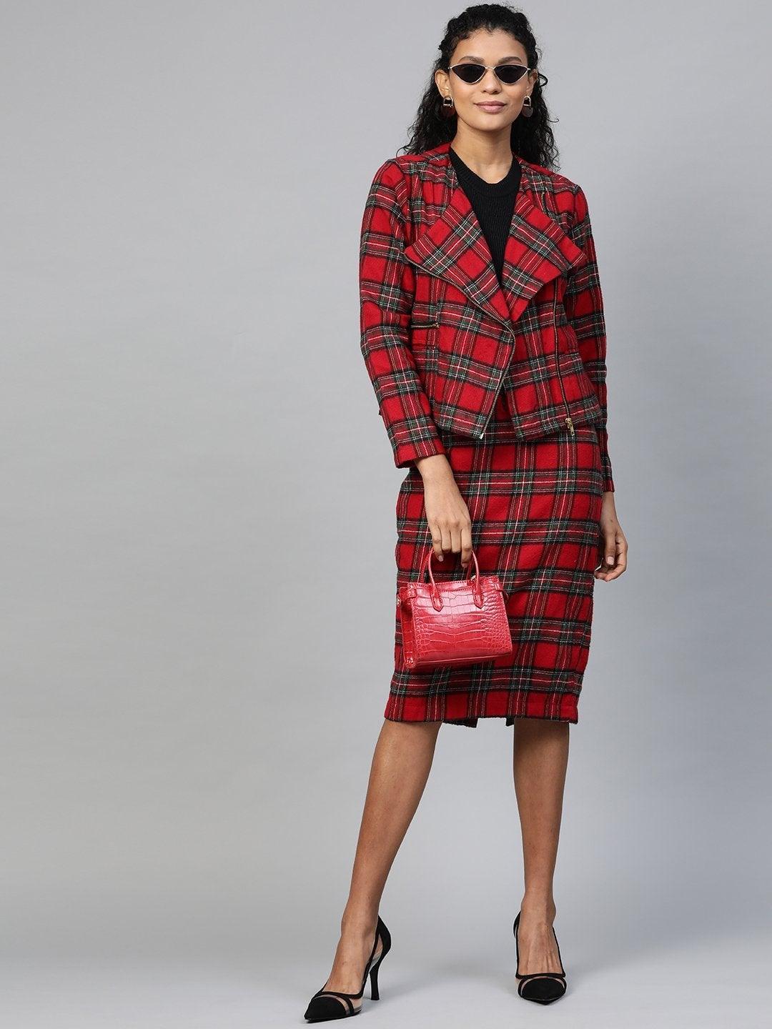 Women's Red Check Biker Jacket - SASSAFRAS - Indiakreations