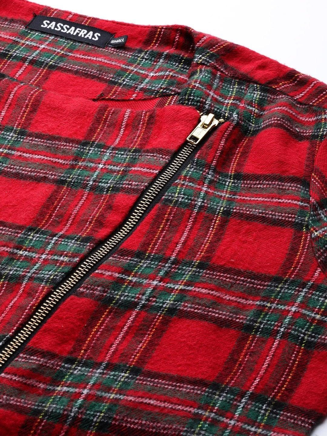 Women's Red Check Biker Jacket - SASSAFRAS - Indiakreations