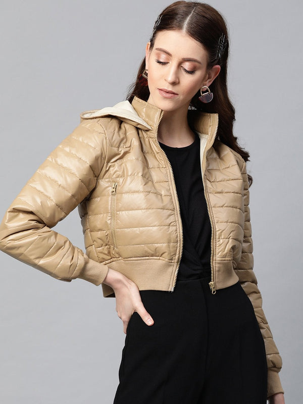 Women's Khaki Hooded Crop Bomber Puffer Jacket - SASSAFRAS