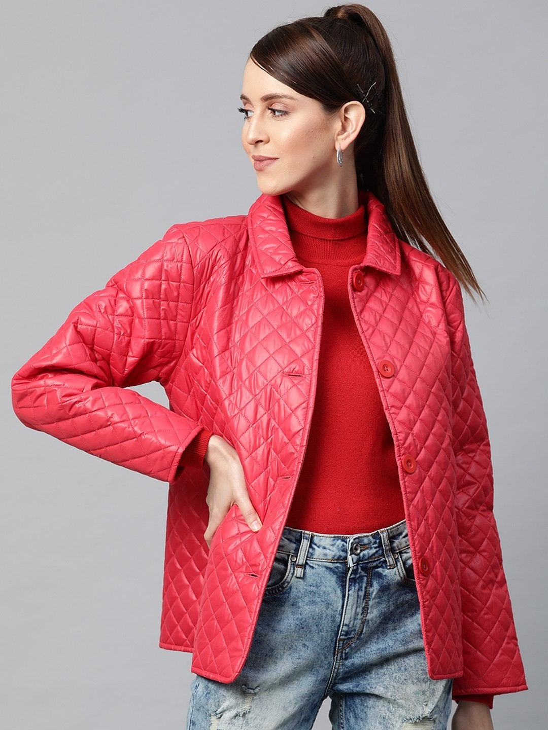 Women's Red Collared Quilted Puffer Jacket - SASSAFRAS - Indiakreations