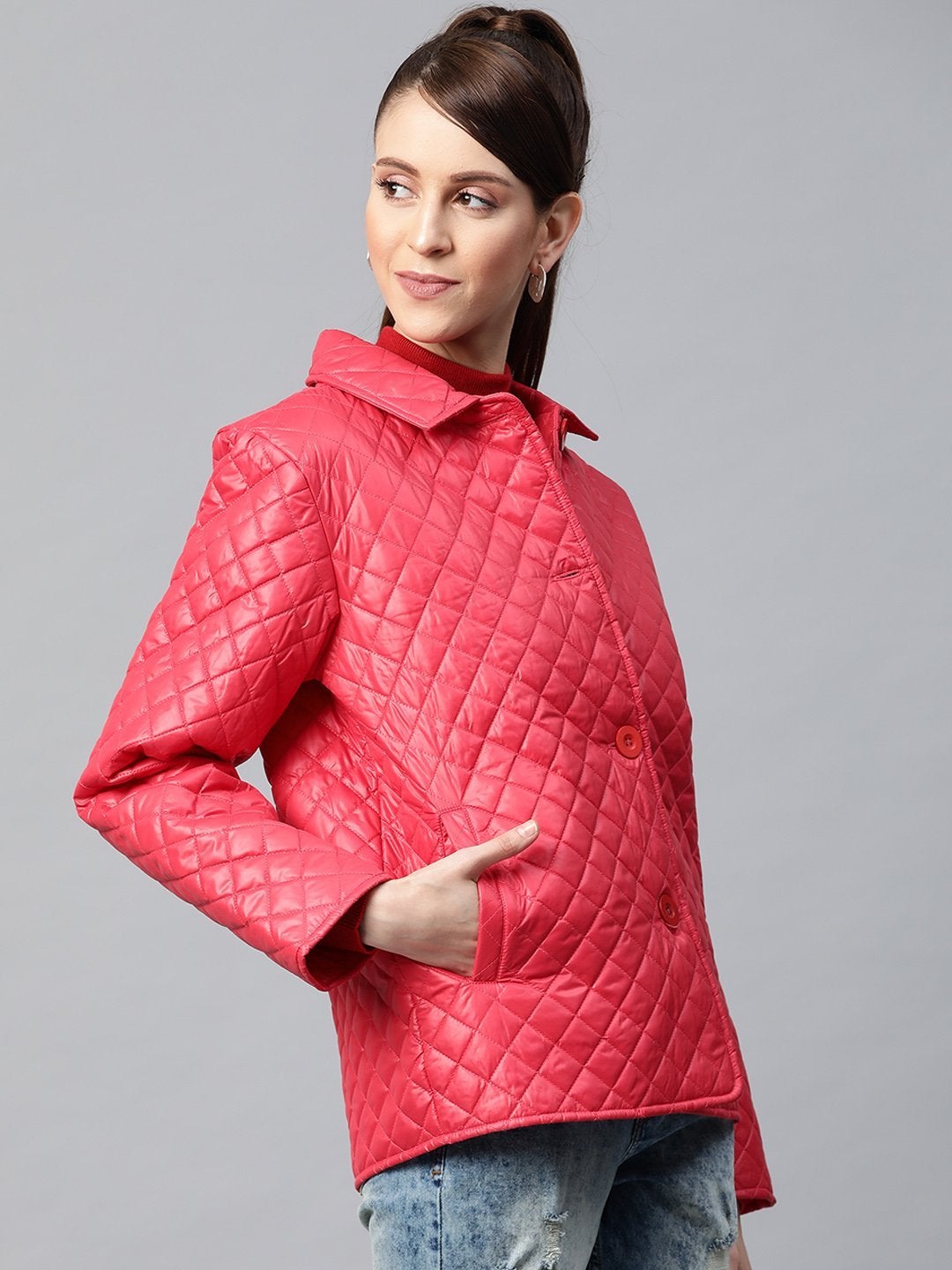 Women's Red Collared Quilted Puffer Jacket - SASSAFRAS - Indiakreations