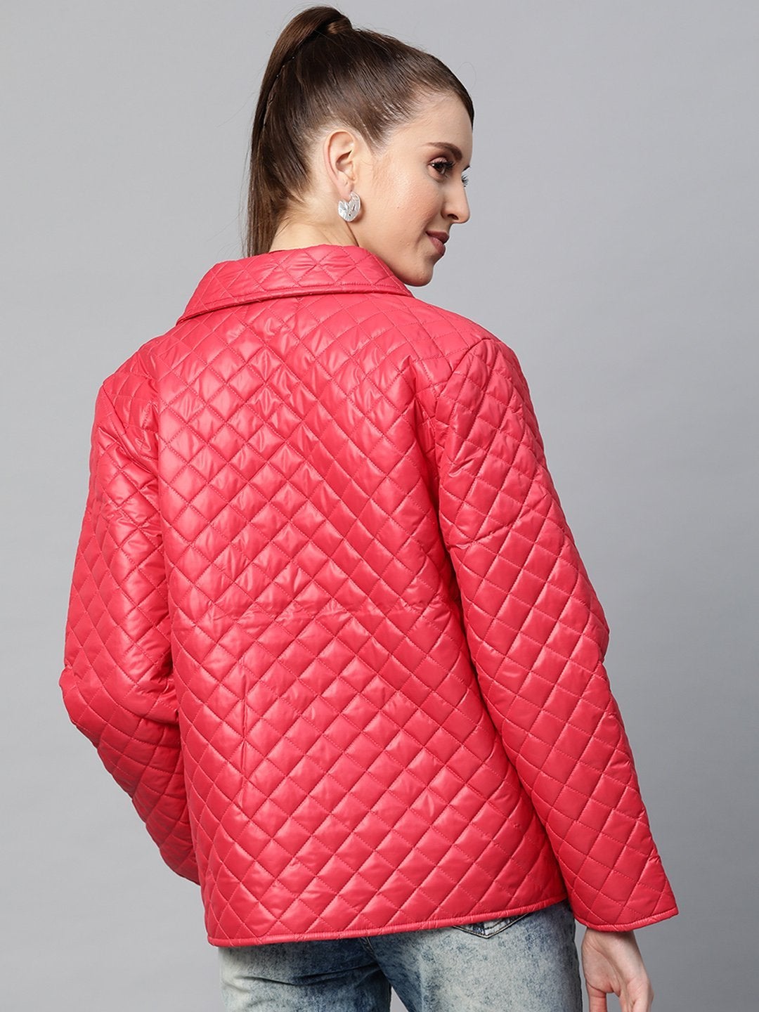 Women's Red Collared Quilted Puffer Jacket - SASSAFRAS - Indiakreations