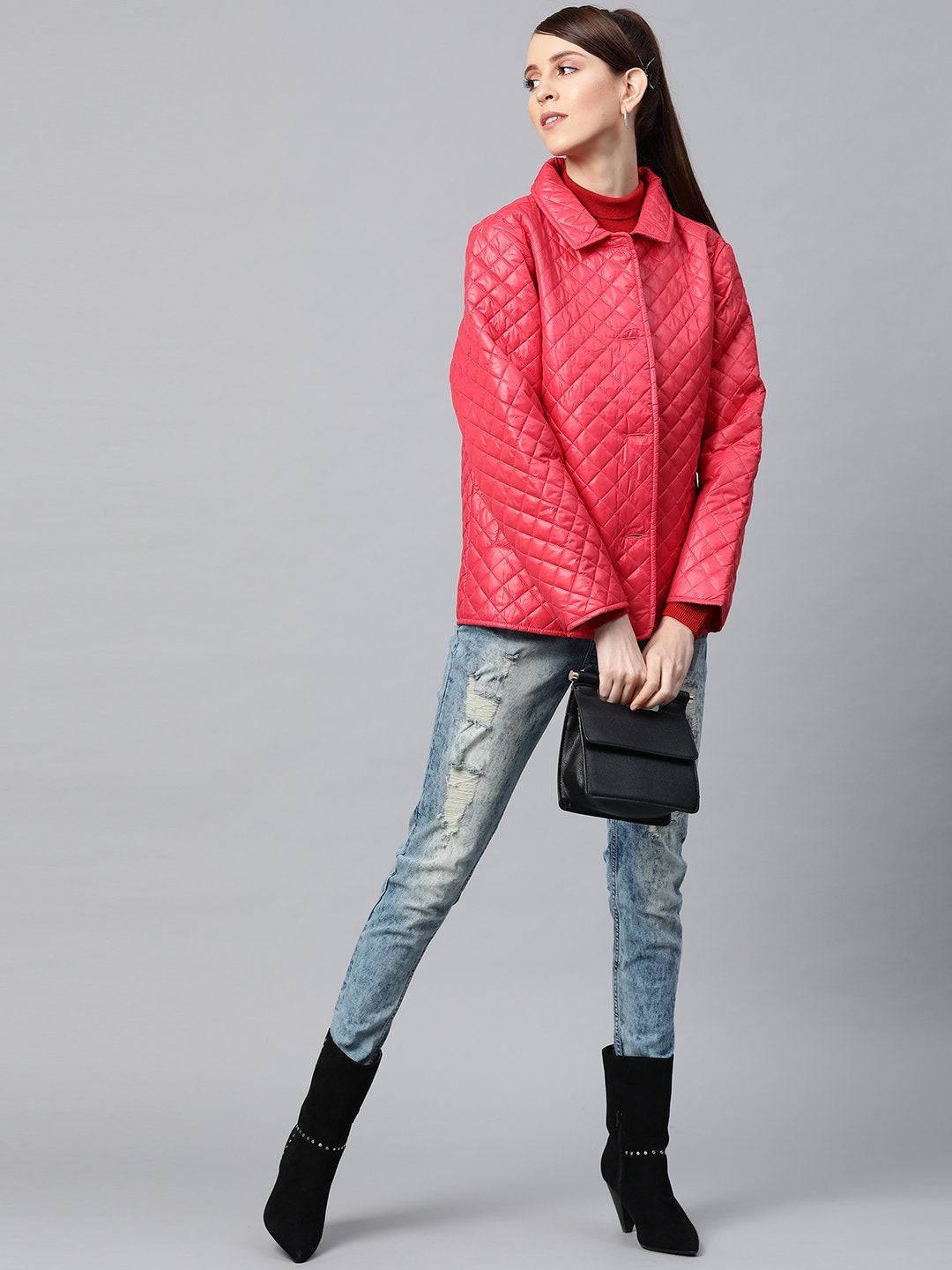 Women's Red Collared Quilted Puffer Jacket - SASSAFRAS - Indiakreations