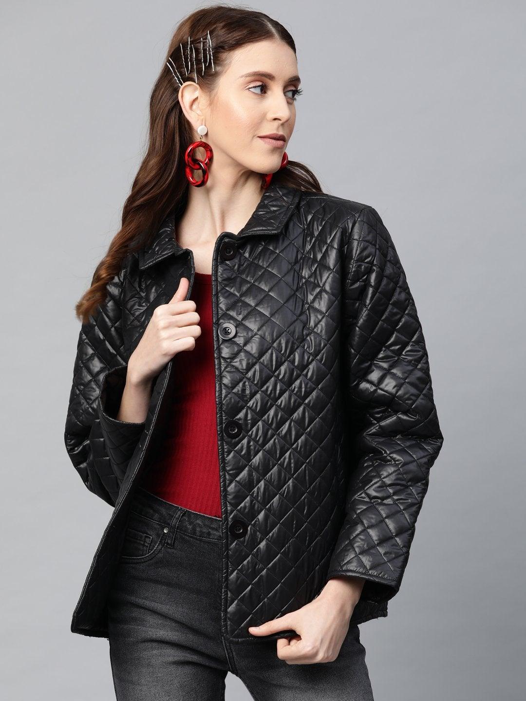 Women's Black Collared Quilted Puffer Jacket - SASSAFRAS - Indiakreations