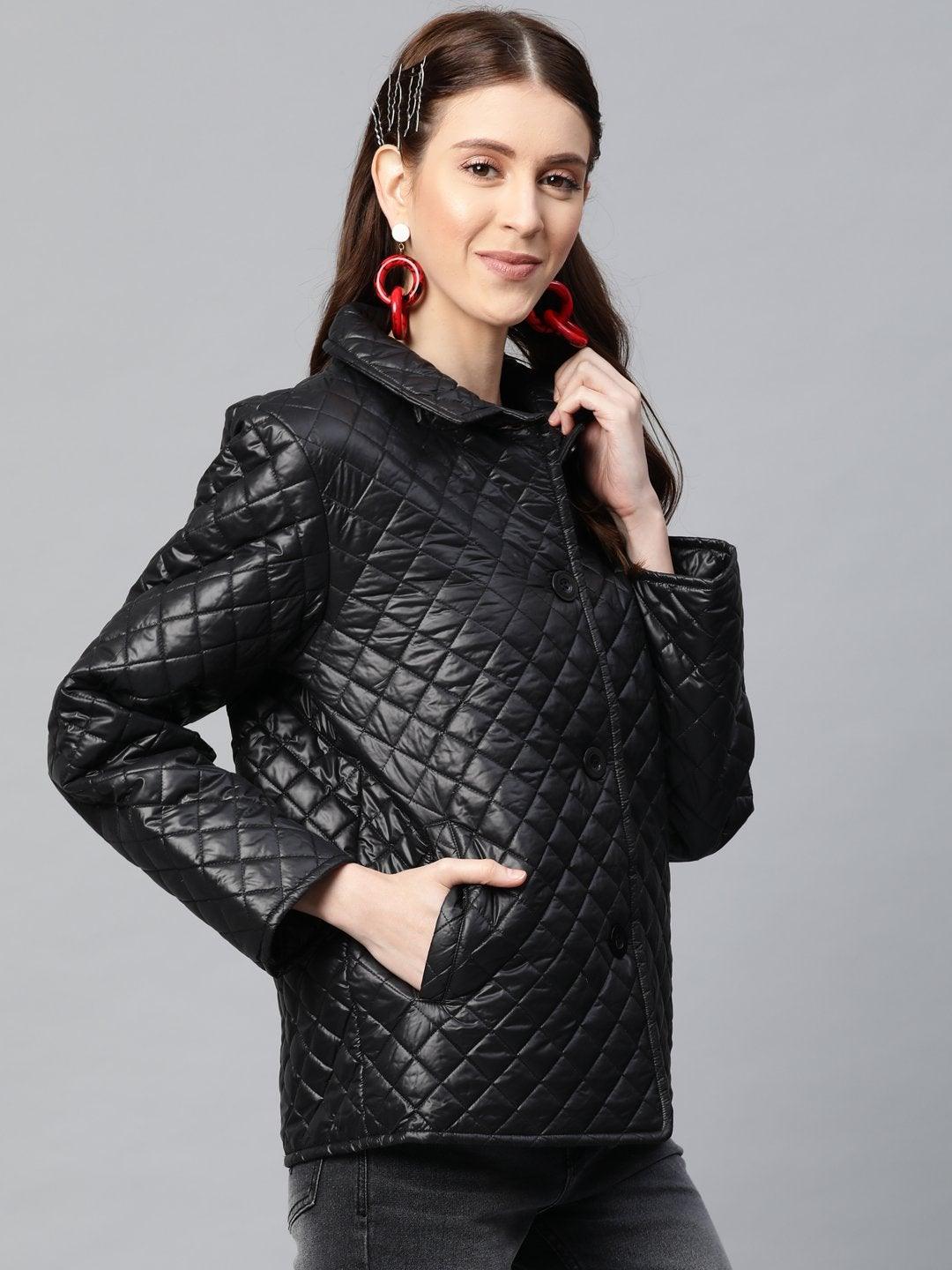 Women's Black Collared Quilted Puffer Jacket - SASSAFRAS - Indiakreations