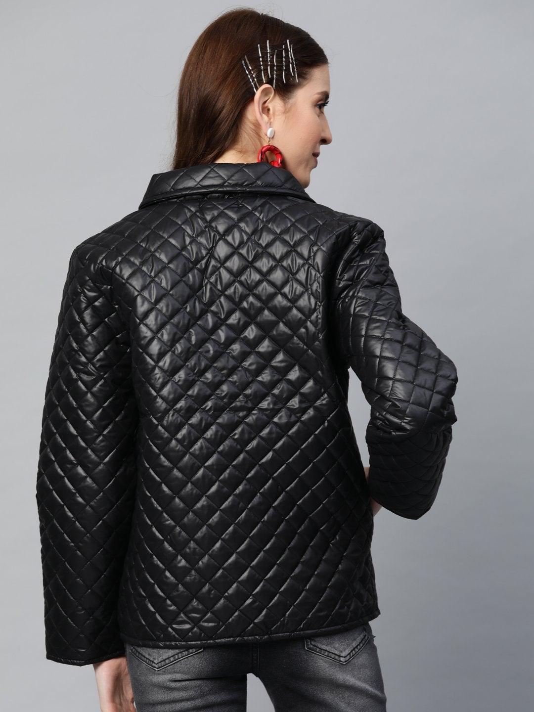 Women's Black Collared Quilted Puffer Jacket - SASSAFRAS - Indiakreations