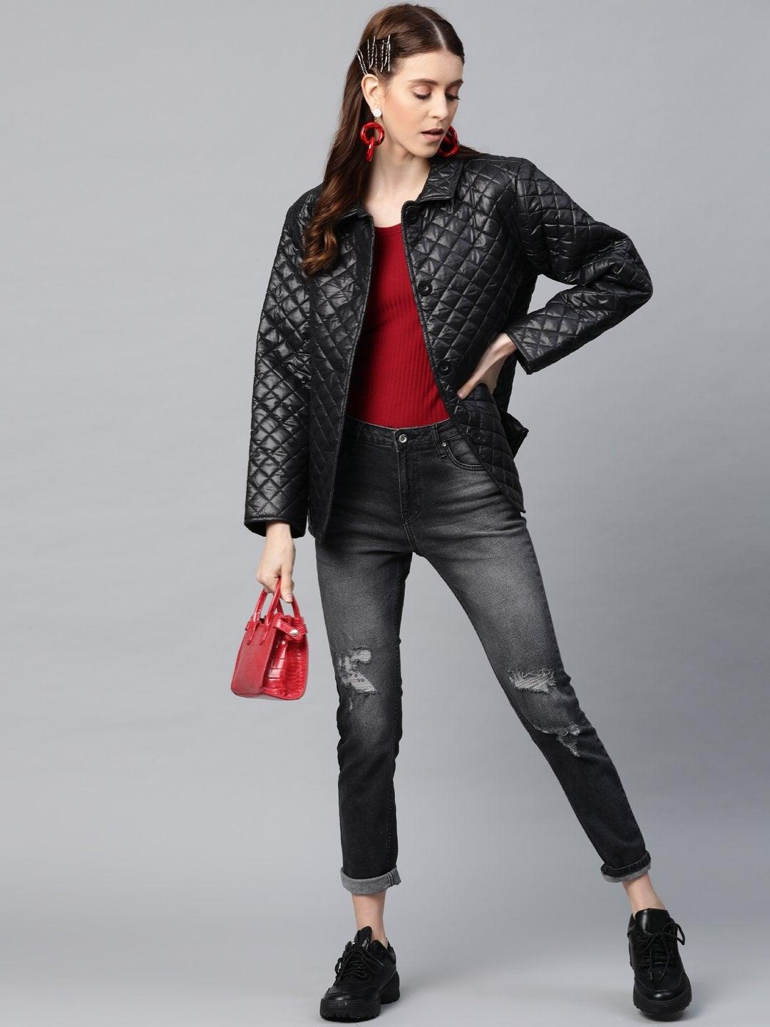 Women's Black Collared Quilted Puffer Jacket - SASSAFRAS - Indiakreations