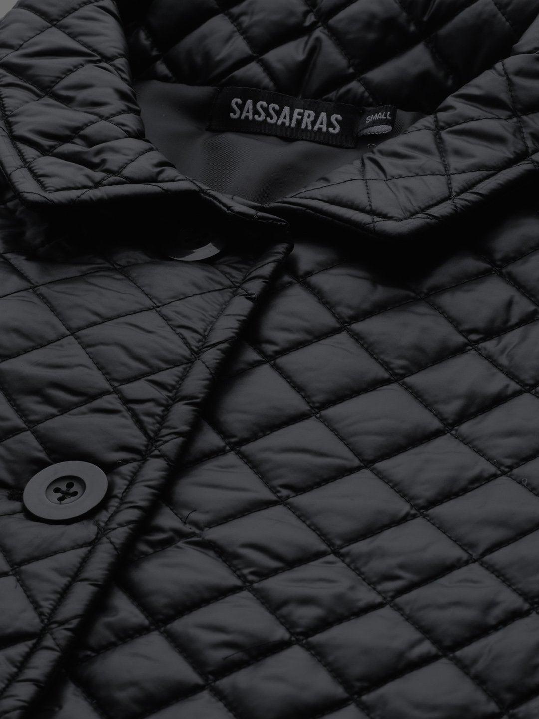 Women's Black Collared Quilted Puffer Jacket - SASSAFRAS - Indiakreations