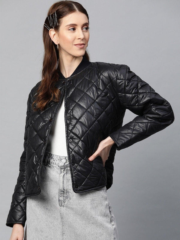 Women's Black Front Snap Button Quilted Puffer Jacket - SASSAFRAS - Indiakreations