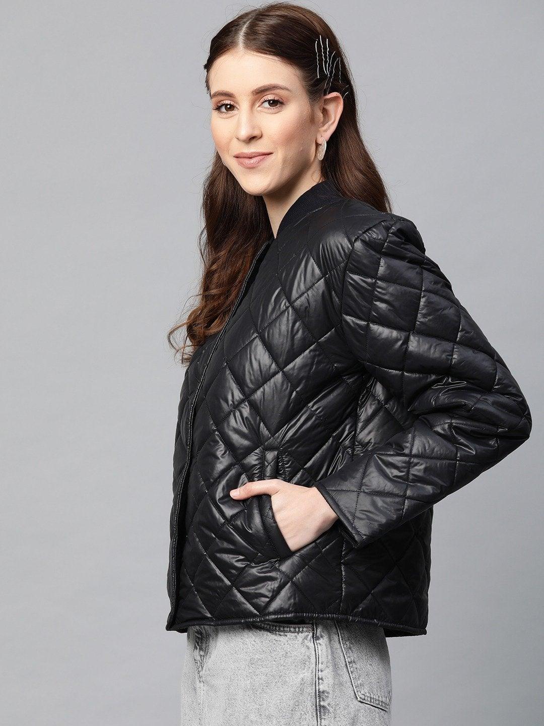 Women's Black Front Snap Button Quilted Puffer Jacket - SASSAFRAS - Indiakreations