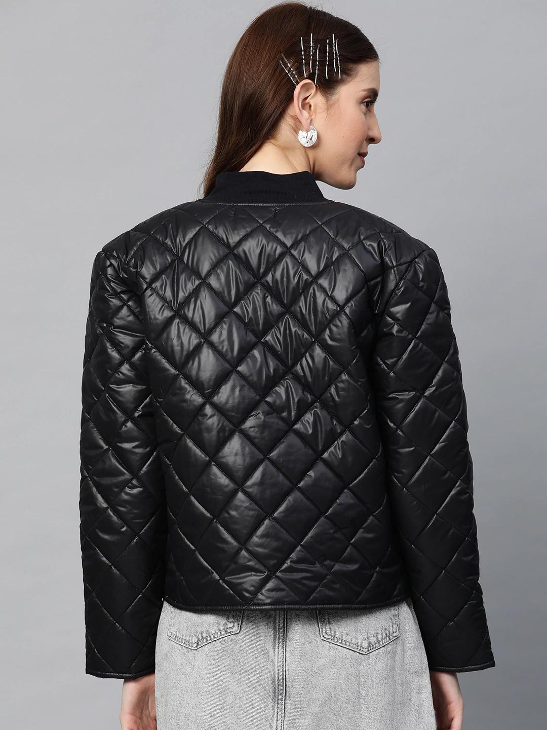 Women's Black Front Snap Button Quilted Puffer Jacket - SASSAFRAS - Indiakreations