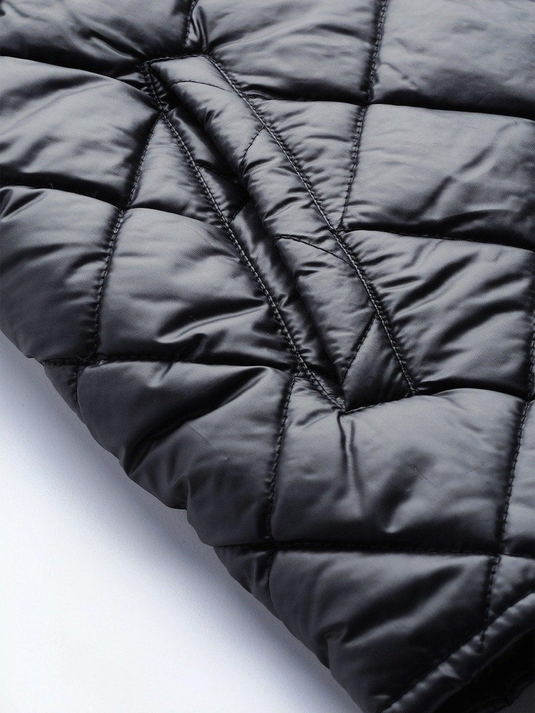 Women's Black Front Snap Button Quilted Puffer Jacket - SASSAFRAS - Indiakreations