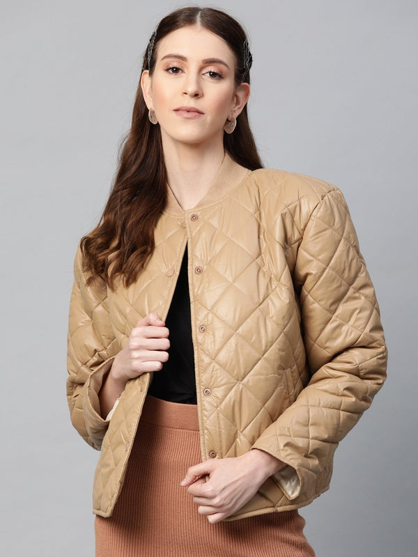 Women's Khaki Front Snap Button Quilted Puffer Jacket - SASSAFRAS