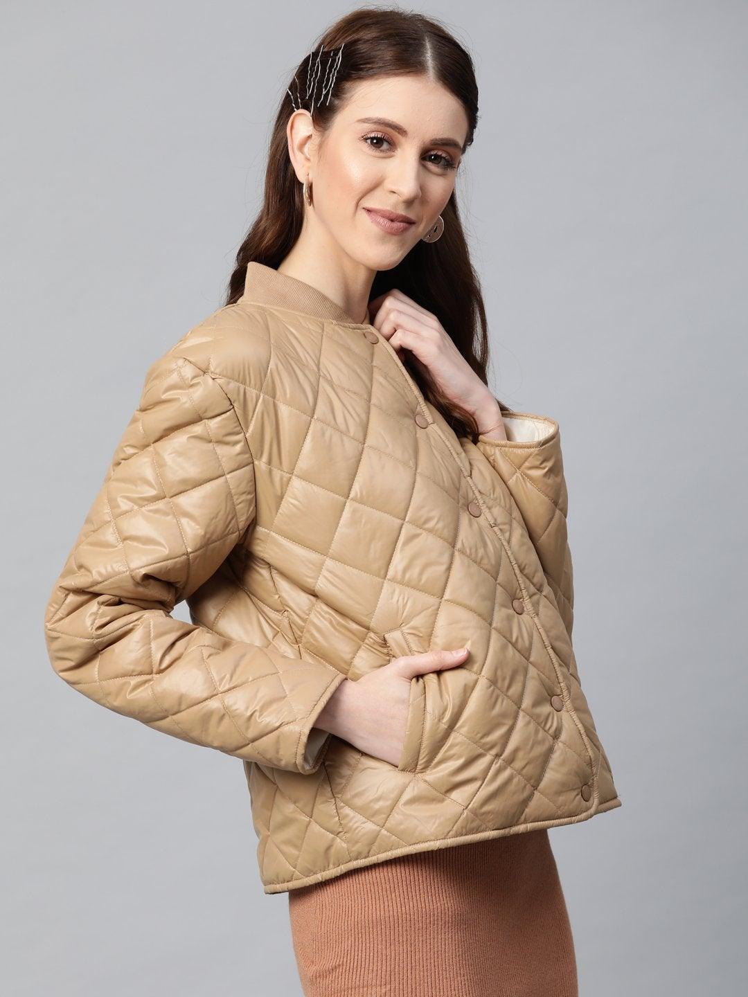 Women's Khaki Front Snap Button Quilted Puffer Jacket - SASSAFRAS - Indiakreations