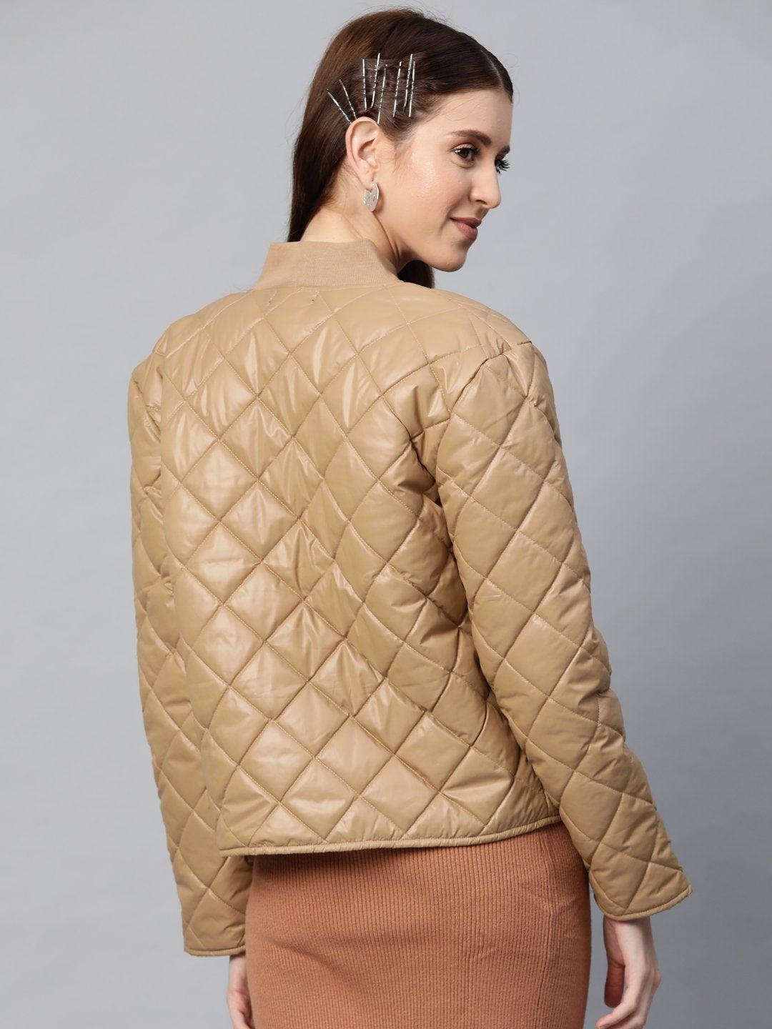 Women's Khaki Front Snap Button Quilted Puffer Jacket - SASSAFRAS - Indiakreations