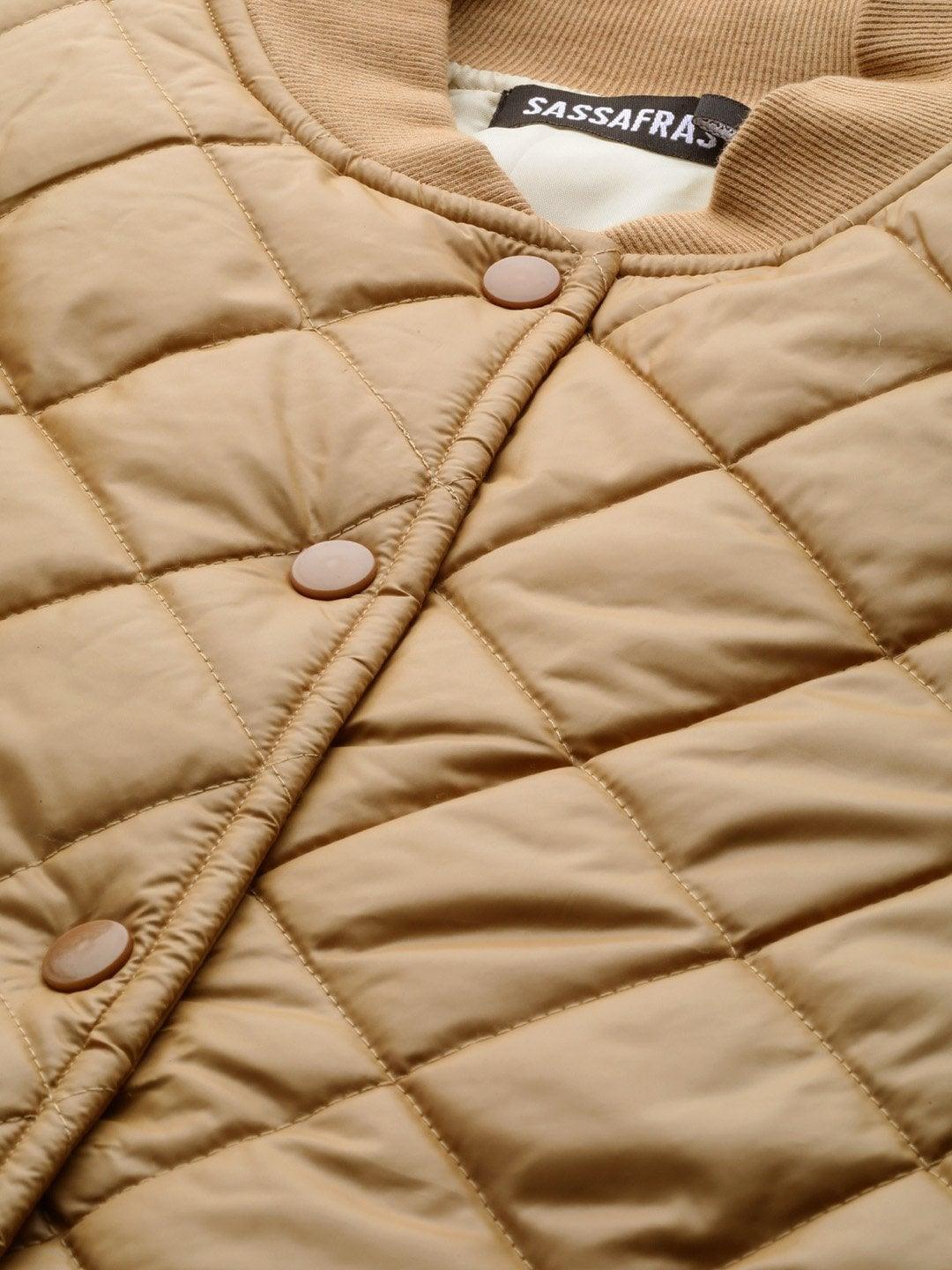 Women's Khaki Front Snap Button Quilted Puffer Jacket - SASSAFRAS - Indiakreations