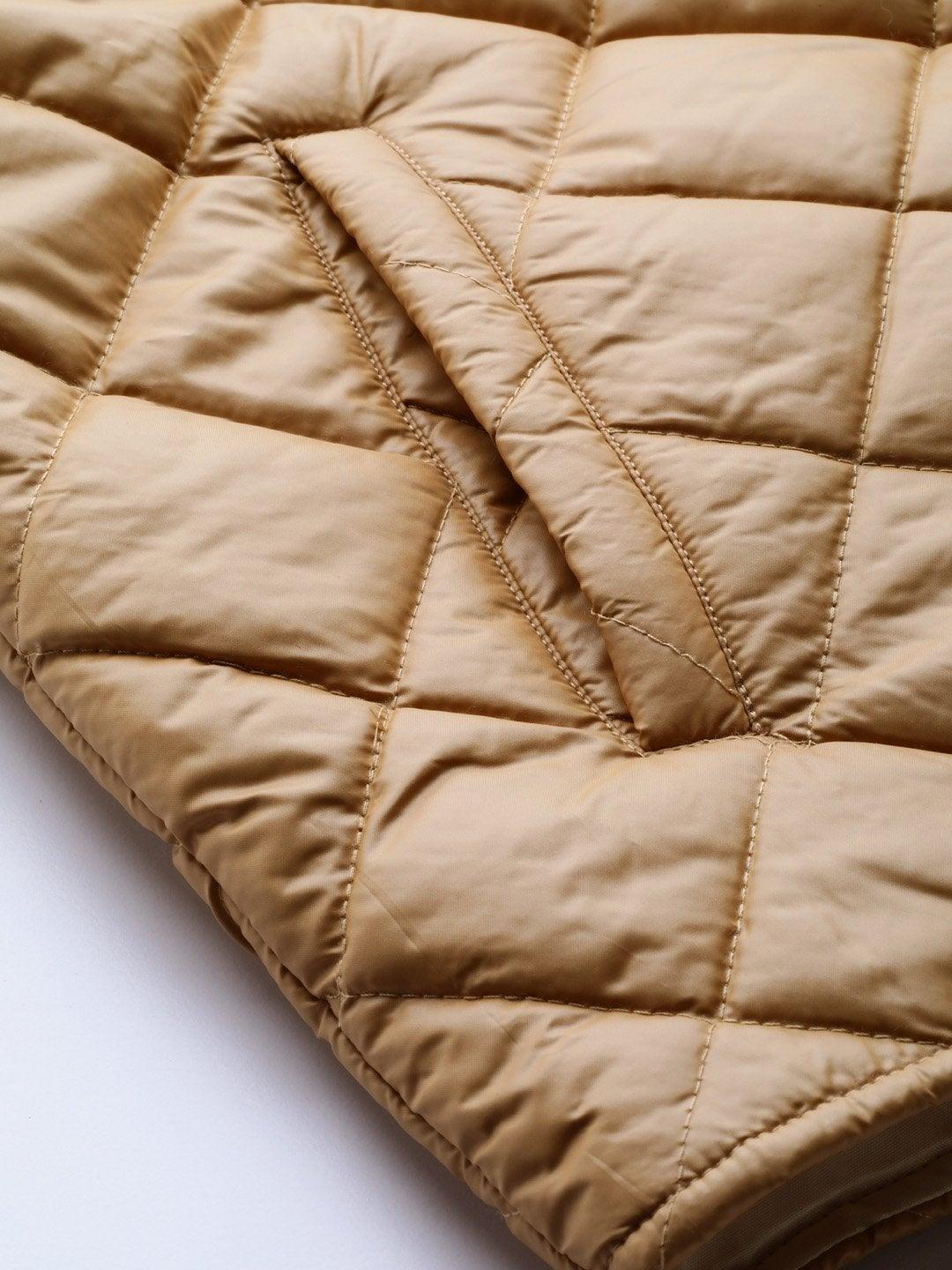 Women's Khaki Front Snap Button Quilted Puffer Jacket - SASSAFRAS - Indiakreations