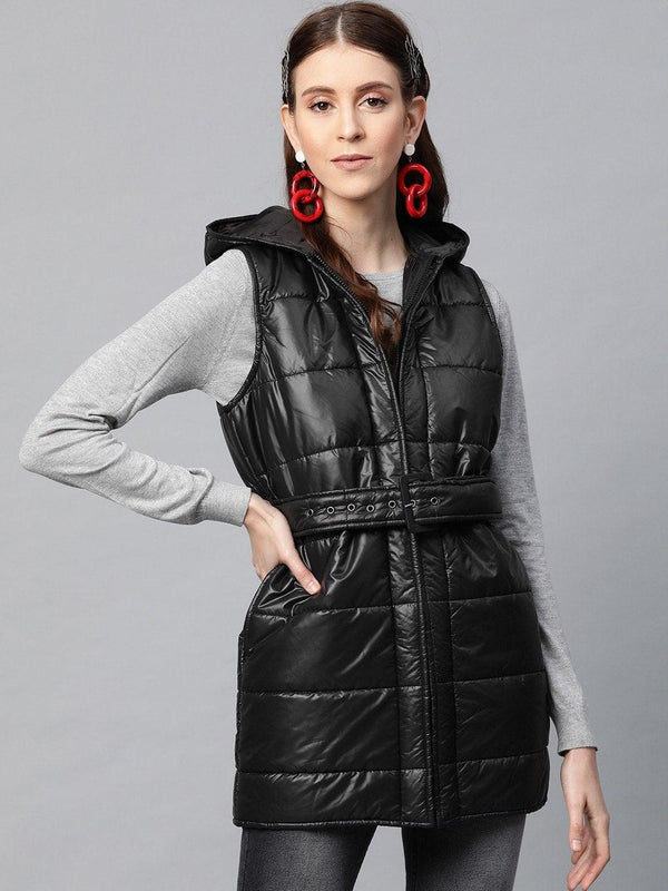 Women's Black Belted Longline Hooded Quilted Jacket - SASSAFRAS - Indiakreations