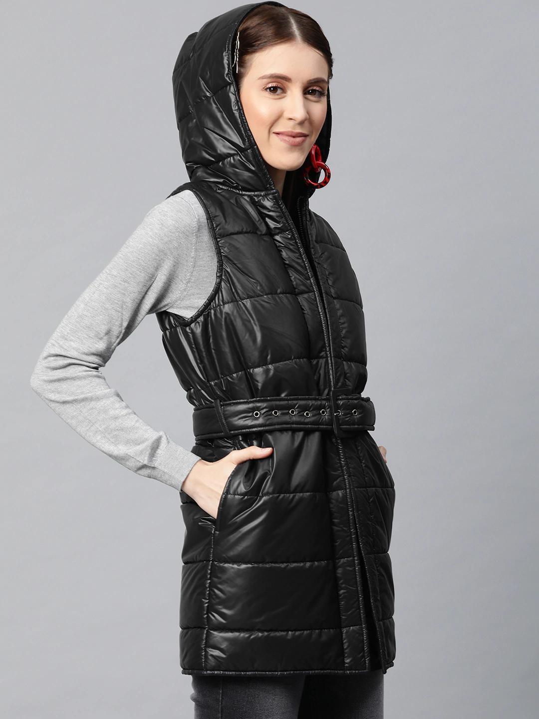 Women's Black Belted Longline Hooded Quilted Jacket - SASSAFRAS - Indiakreations