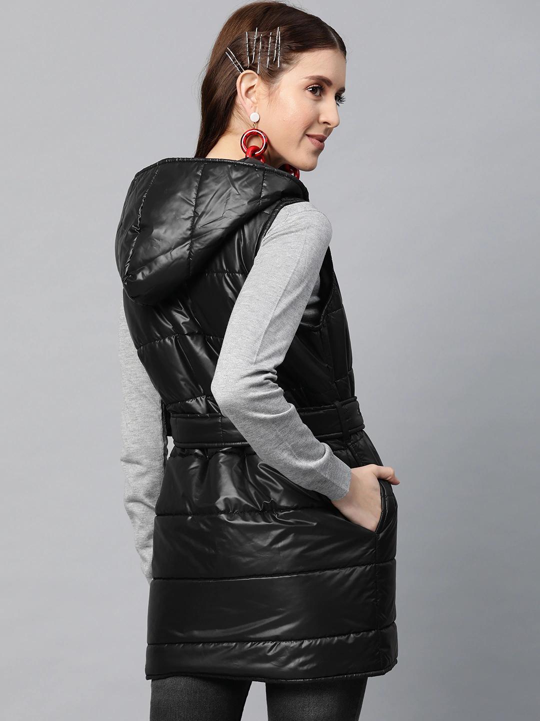 Women's Black Belted Longline Hooded Quilted Jacket - SASSAFRAS - Indiakreations