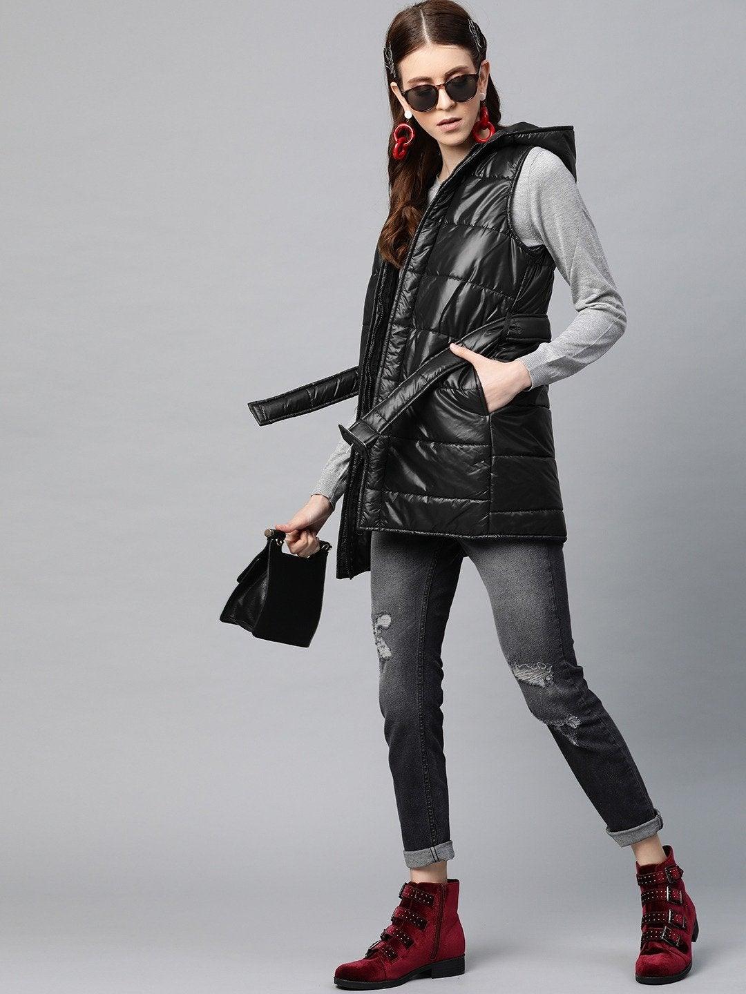 Women's Black Belted Longline Hooded Quilted Jacket - SASSAFRAS - Indiakreations