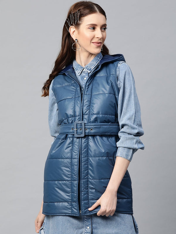 Women's Teal Belted Longline Hooded Quilted Jacket - SASSAFRAS