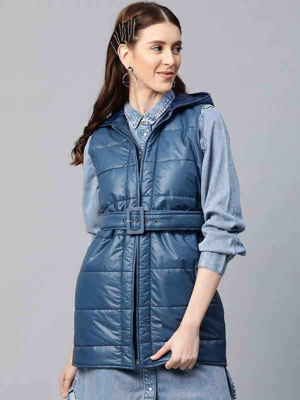 Women's Teal Belted Longline Hooded Quilted Jacket - SASSAFRAS - Indiakreations