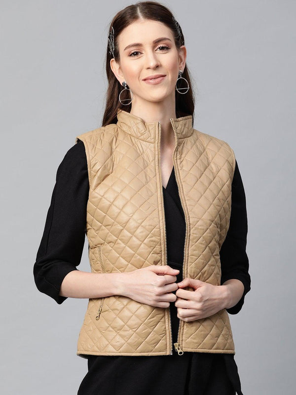 Women's Khaki Sleeveless Quilted Puffer Jacket - SASSAFRAS - Indiakreations