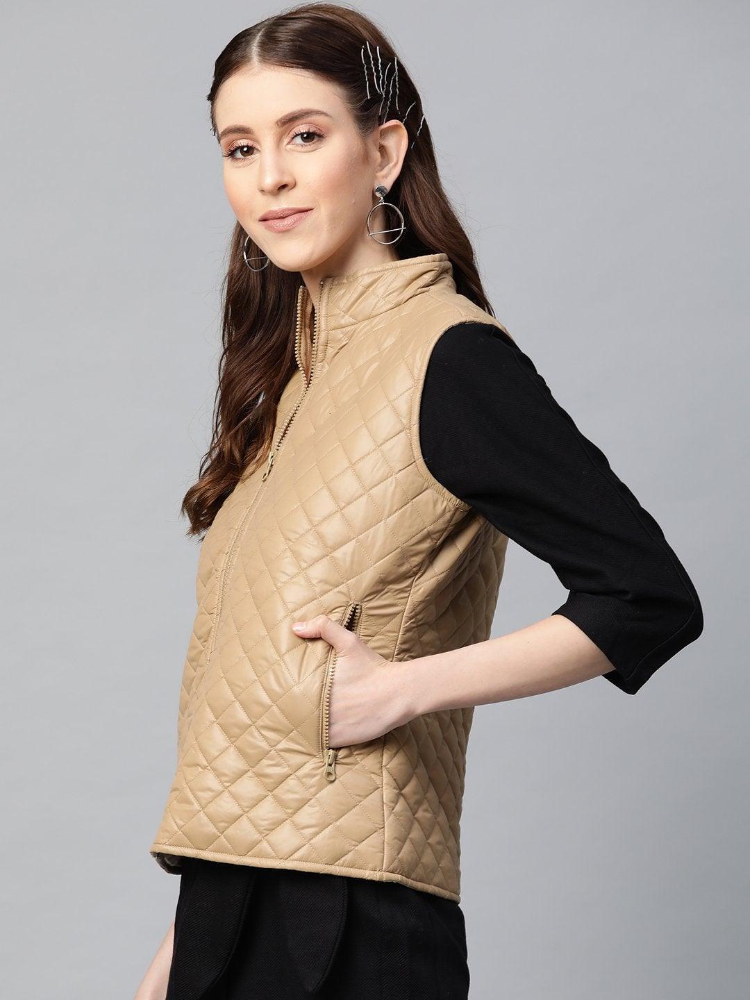 Women's Khaki Sleeveless Quilted Puffer Jacket - SASSAFRAS - Indiakreations