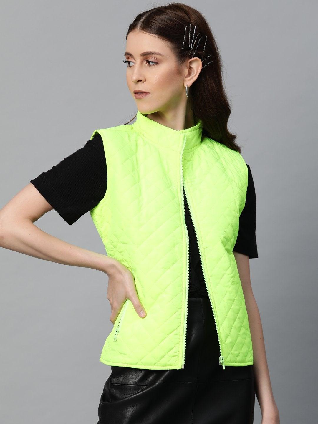 Women's Neon Green Sleeveless Quilted Puffer Jacket - SASSAFRAS - Indiakreations