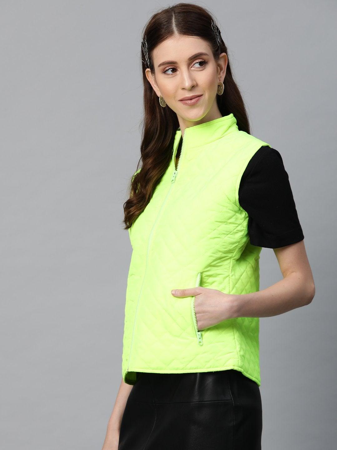 Women's Neon Green Sleeveless Quilted Puffer Jacket - SASSAFRAS - Indiakreations