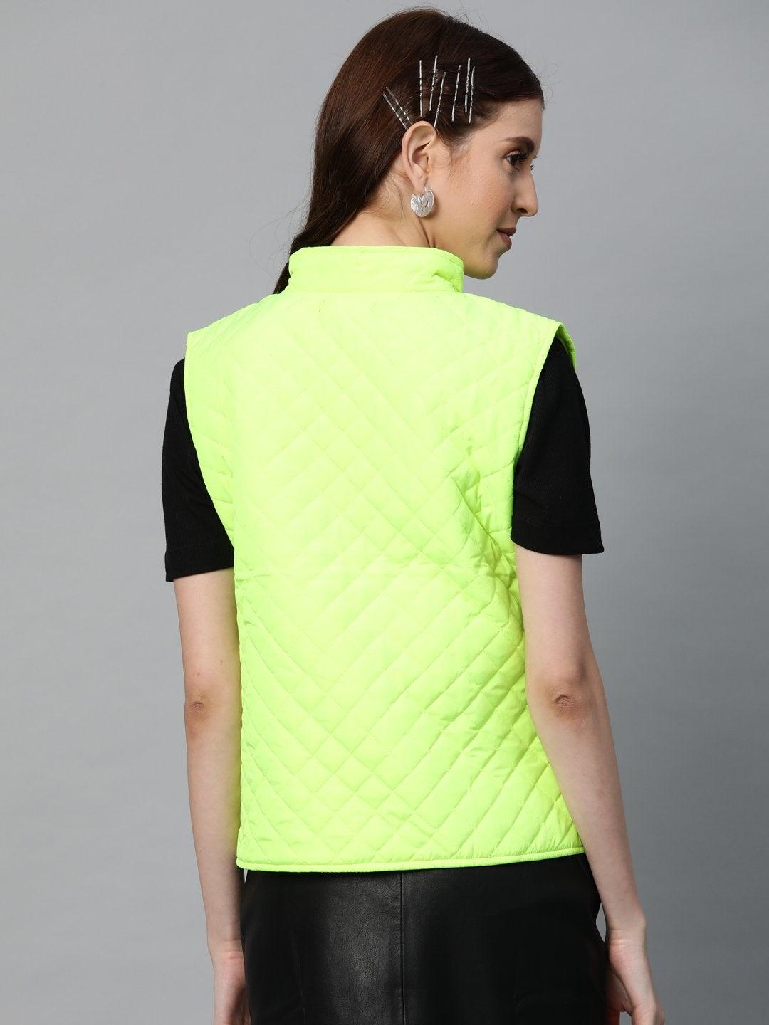 Women's Neon Green Sleeveless Quilted Puffer Jacket - SASSAFRAS - Indiakreations