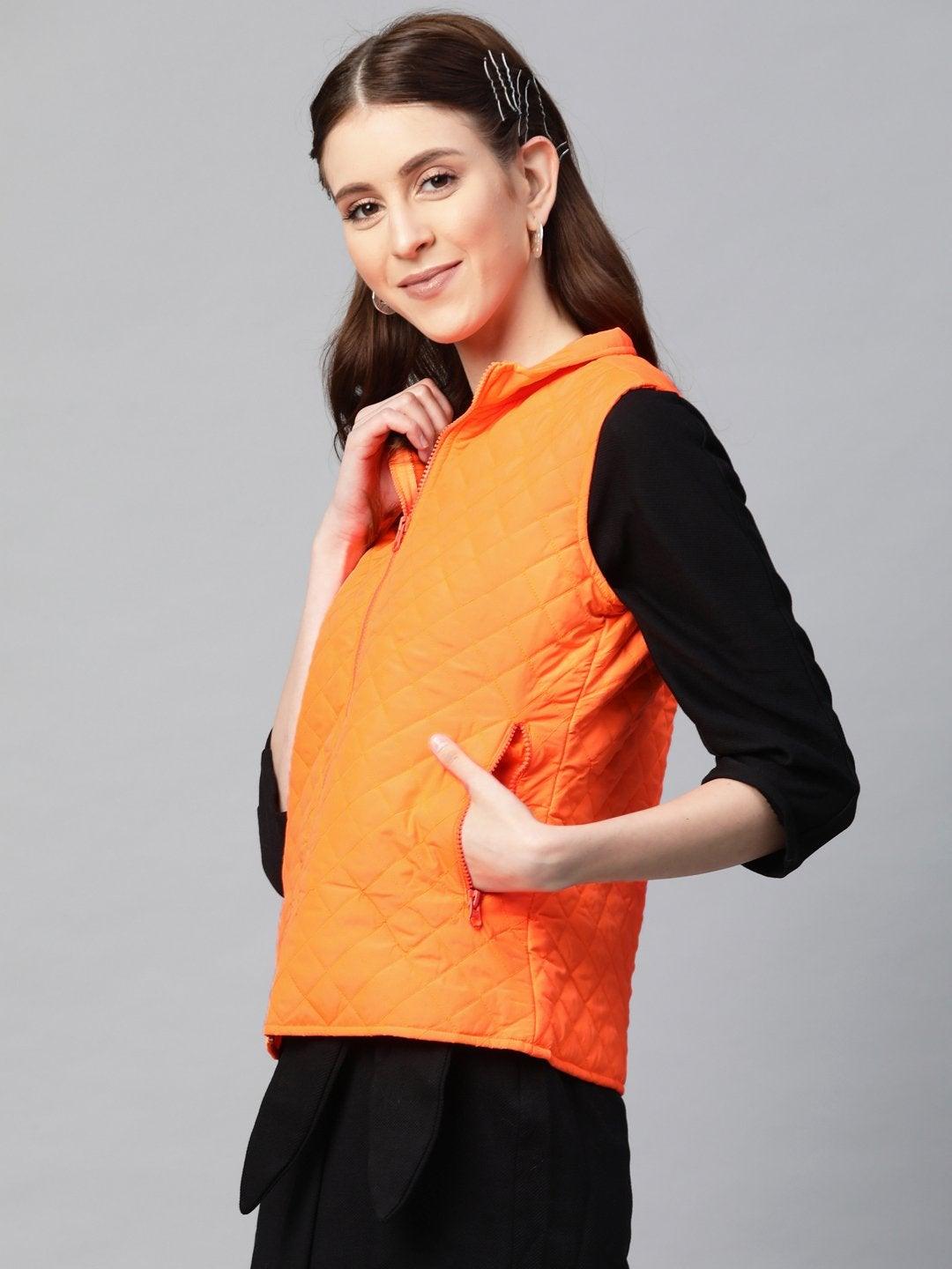 Women's Neon Orange Sleeveless Quilted Puffer Jacket - SASSAFRAS - Indiakreations