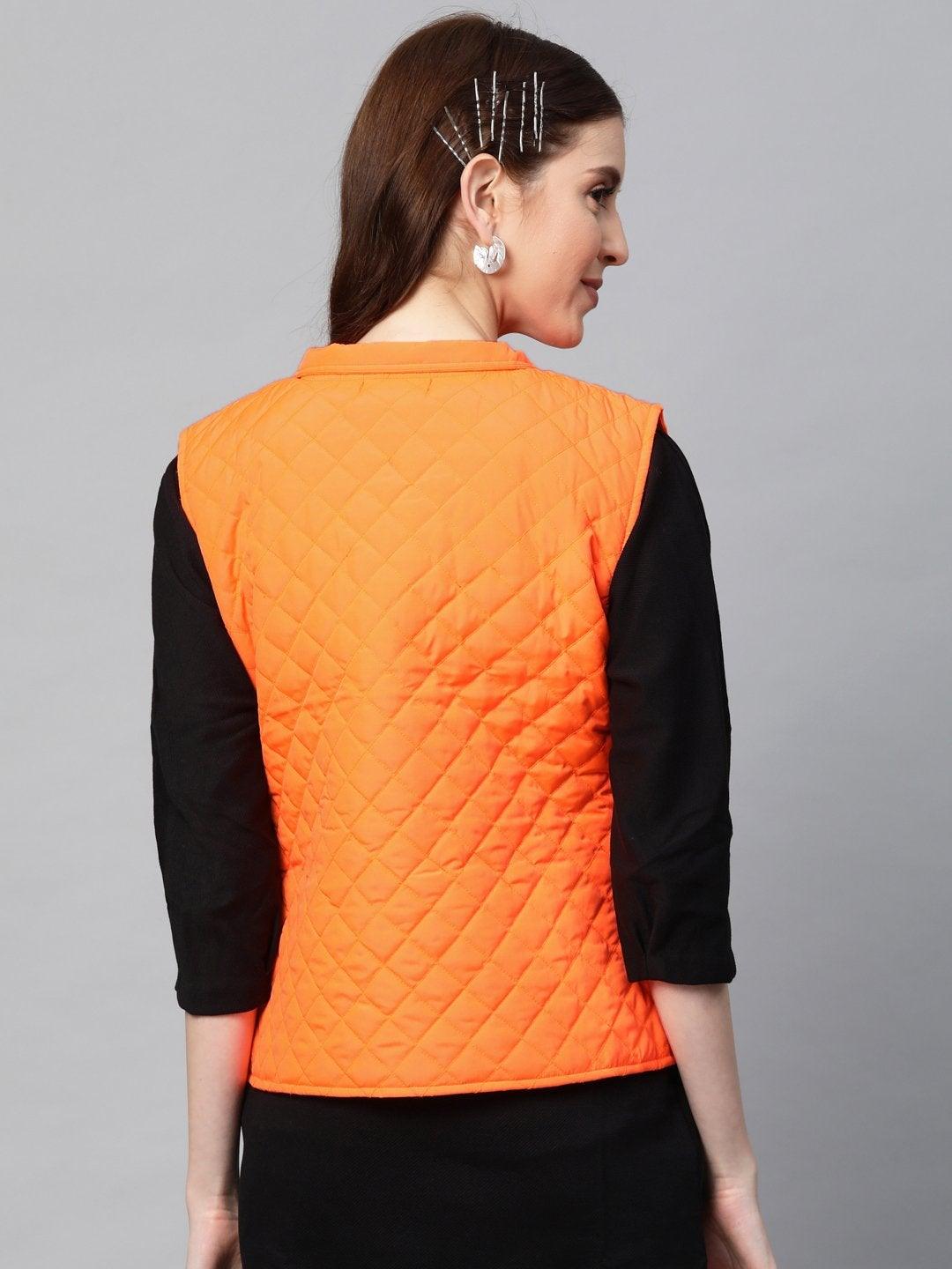 Women's Neon Orange Sleeveless Quilted Puffer Jacket - SASSAFRAS - Indiakreations