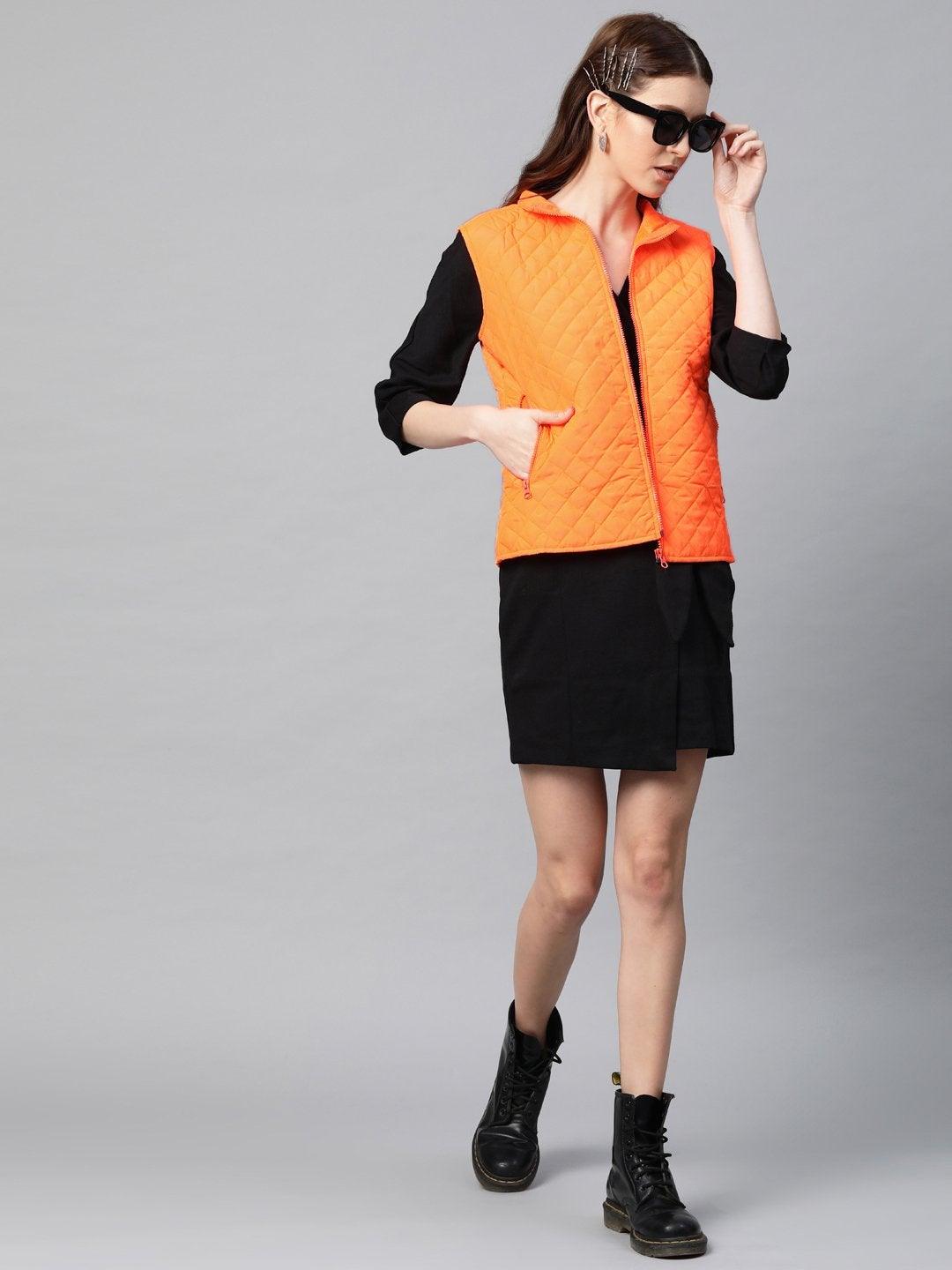 Women's Neon Orange Sleeveless Quilted Puffer Jacket - SASSAFRAS - Indiakreations