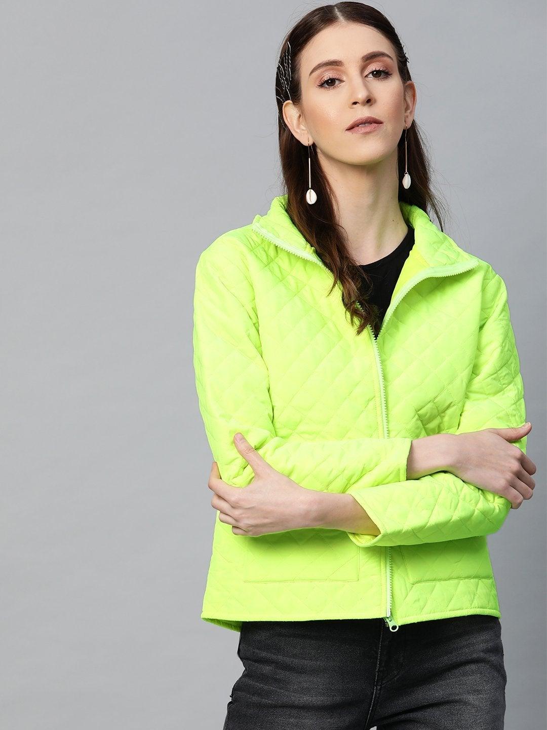 Women's Neon Green Flap Pockets Quilted Puffer Jacket - SASSAFRAS - Indiakreations